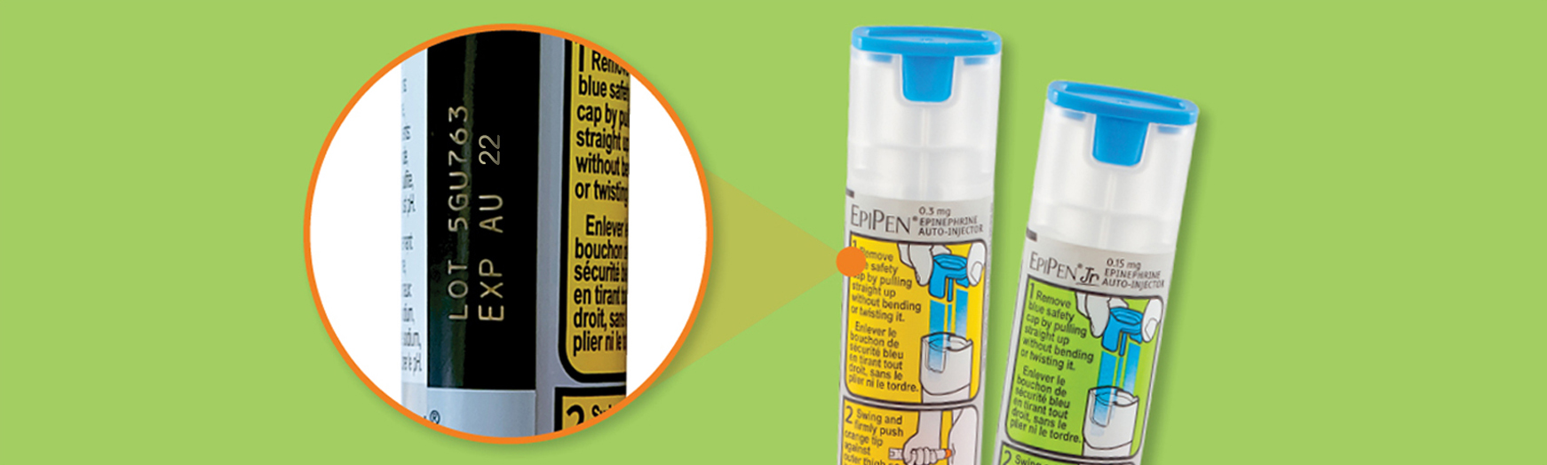 EpiPen® with a spotlight on the lot number location. Lot numbers appear on the side of the auto-injector, near the bottom.