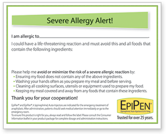 Severe Allergy Restaurant Card
